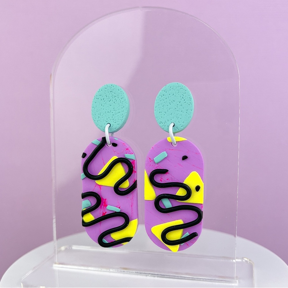 80s Memphis Style Pattern Polymer Clay Dangle Earrings Handmade Funky Re…
